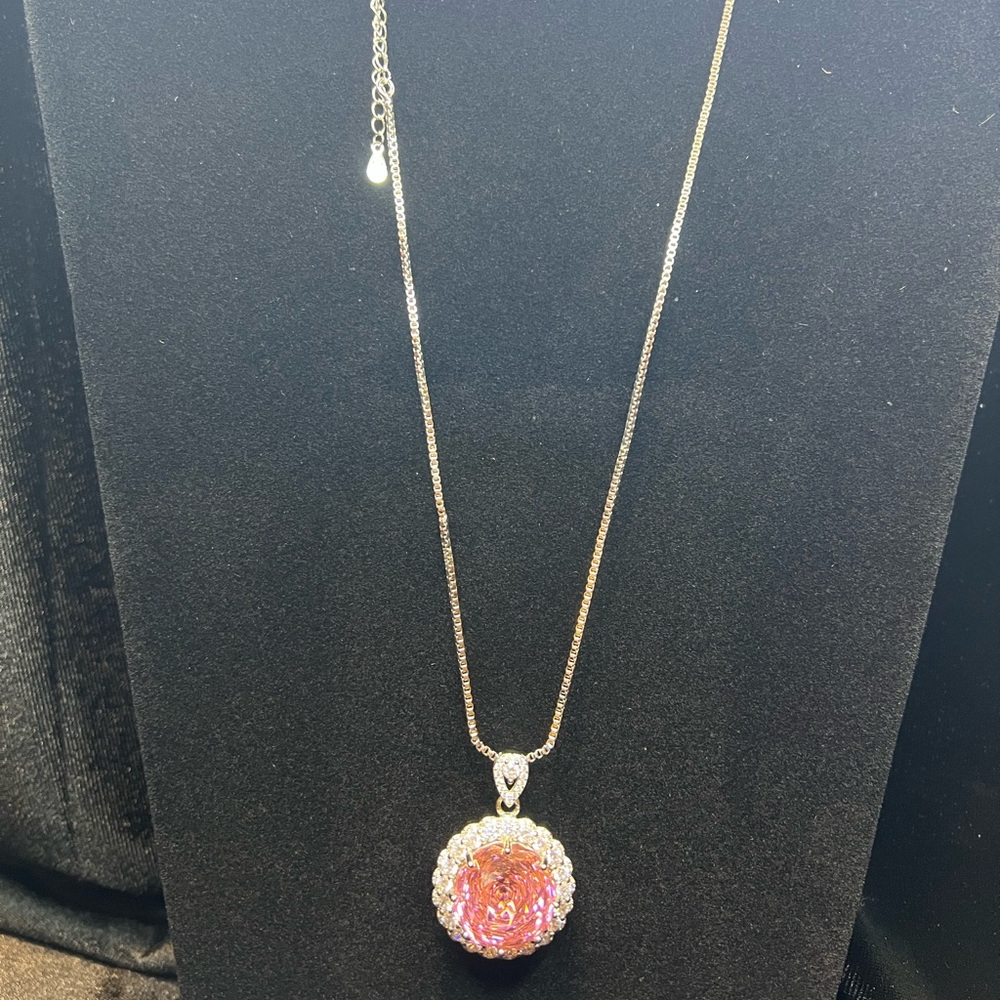 GORGEOUS Giant Pink Rose-Cut CZ & Moissanite Halo-Style Pendant 17 ctw 20” - Picture 6 of 13